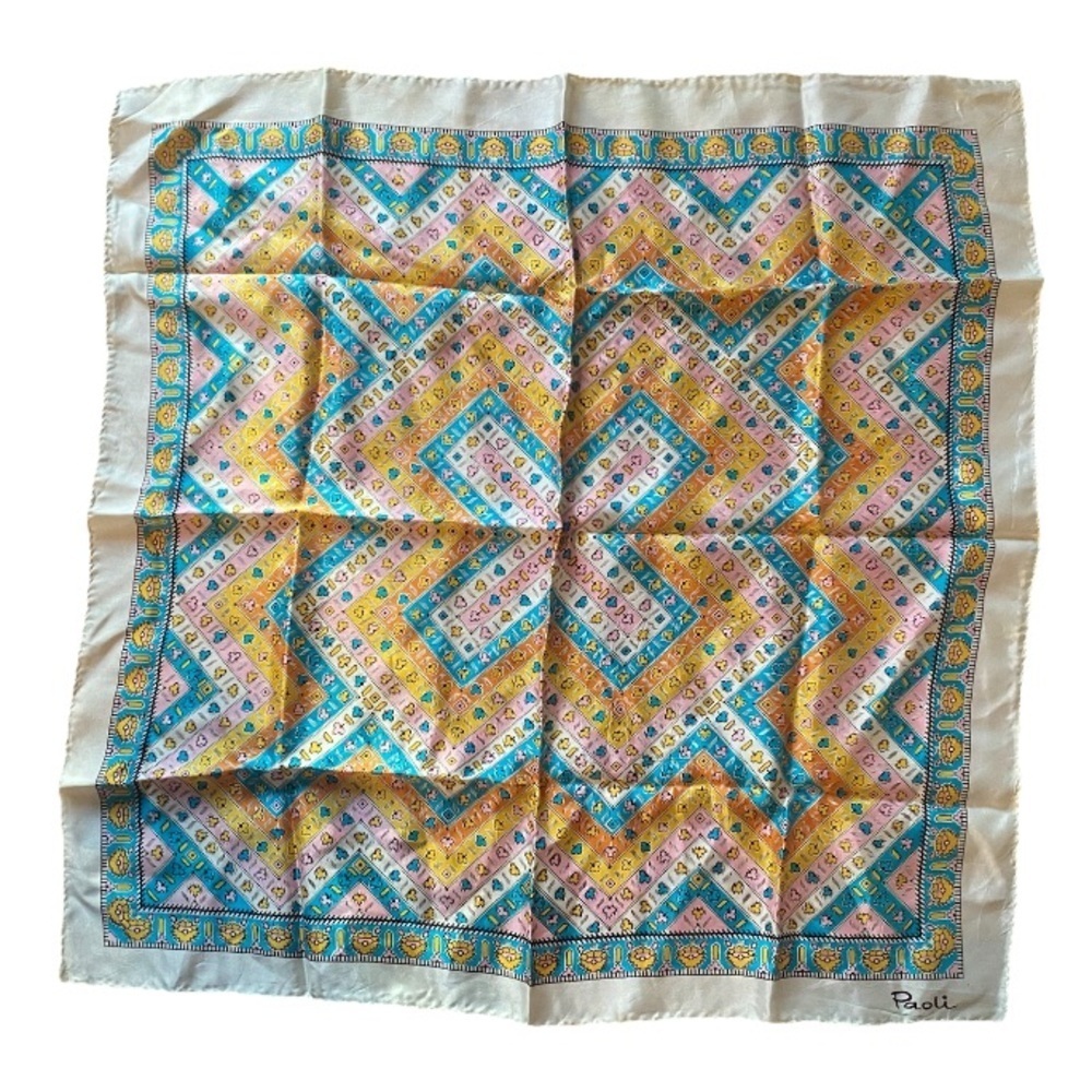 Silk Geometric Print Scarf in Pastel Blue, Yellow & Pink